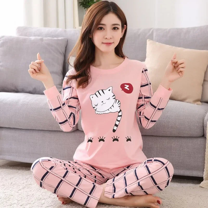 Autumn 2pieces Pyjamas Set Women Thin Sexy Sleepwear Lovely Home Suit 2025 Round Neck Girls Teacup SleepwearLong Sleeve Pajamas