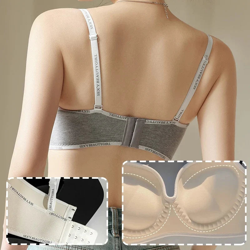 Trendy 2Pcs/Set Women's Seamless Solid Color Bras Sexy Letter Straps Wireless Push Up Underwear New Ladies Deep V Neck Brassiere