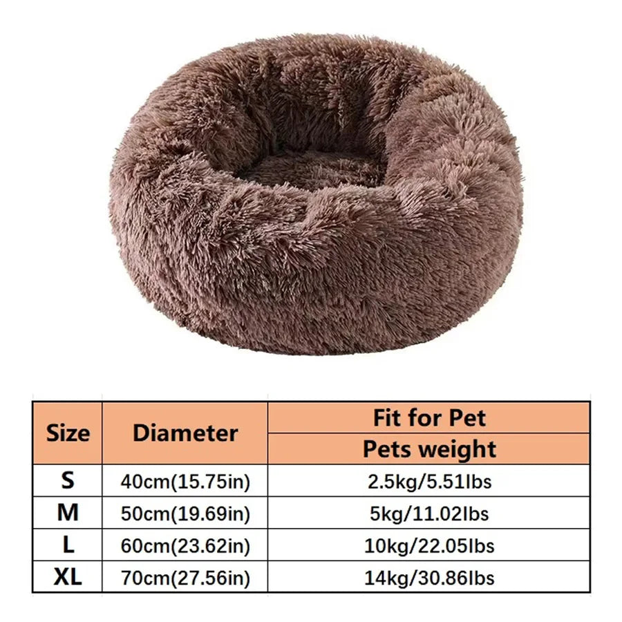 Calming donut dog bed in khaki — long plush faux fur round cuddler with raised rim