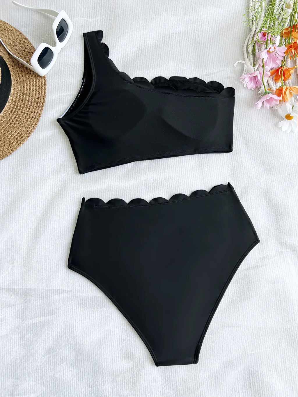 Sexy Black White Patchwork Bikini Women Ruffles One Shoulder Push Up High Waist Swimsuit Summer Bathing Suit Vacation Swimwear