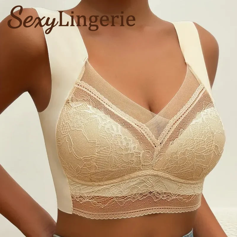 Womens Lace Bra Perspective Bralette Push Up Ice Silk Deep V Bra Sexy Lingerie Tops Plus Size Cup Mom's underwear L-5XL