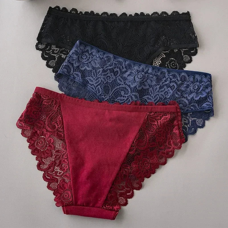 3PCS/Set Luxury Floral Embroidery Lace Panties Women Briefs Sexy Hollow Lingerie Female Underwear Ladies Breathable Underpants