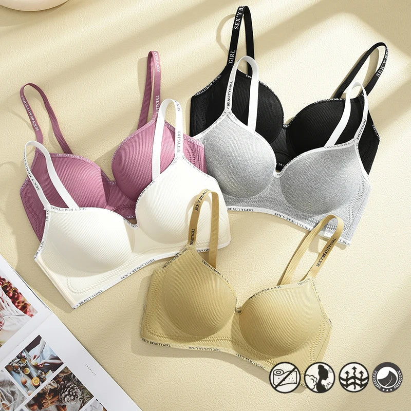 Trendy 2Pcs/Set Women's Seamless Solid Color Bras Sexy Letter Straps Wireless Push Up Underwear New Ladies Deep V Neck Brassiere