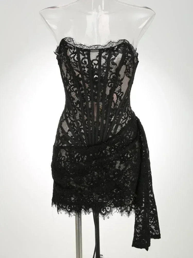 TARUXY Sexy Lace See-through Patchwork Corset Dress Female Bodycon Elegant Party MIrrgualr Mini Dress Women Tube Top Dress New