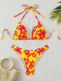 Summer retro floral print 2-piece bikini lace up swimsuit sexy high waisted women's swimsuit