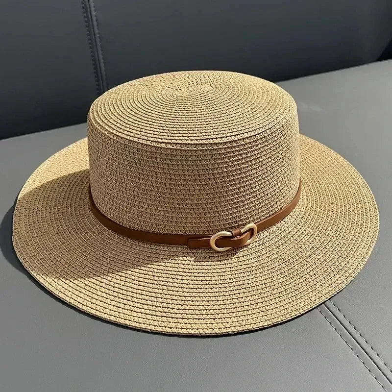 Simple Straw Summer Women Beach Hat Female Casual Panama Hat Women Flat Brim Bowknot Straw Cap Girls Sun Hat