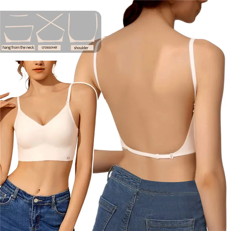 Women Invisible Bra Deep U Plunge Bras Backless Top for Dresses Sexy Lingerie with Transparent Strap Push Up Strapless Underwea