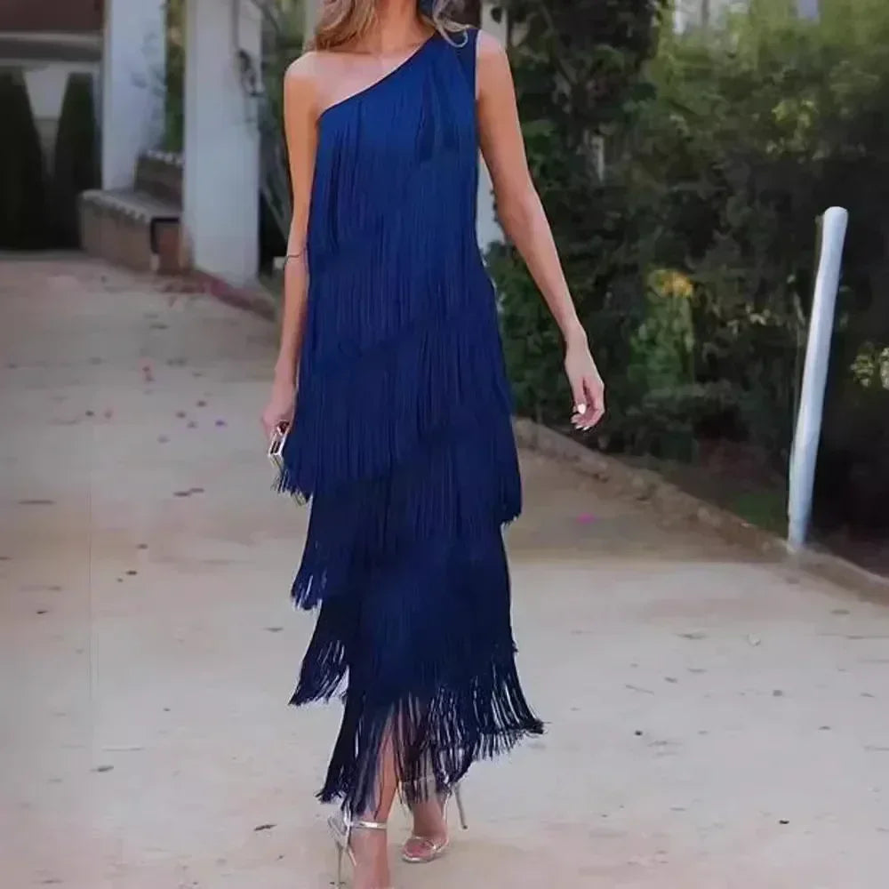 Spring and Summer New Fashion Fringed Slanted Shoulder Asymmetrical Dress for Women