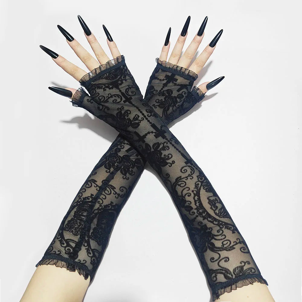 Black Lace Skeleton Gloves, Gothic Halloween Costume