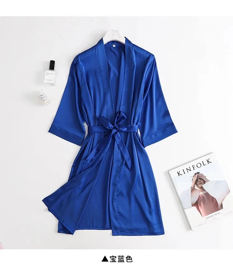 Women Wedding White Bride Robe Morning Gown 3/4 Sleeve Sleepwear Loose Nightgown Female Silk Satin Kimono Bathrobe Lingerie