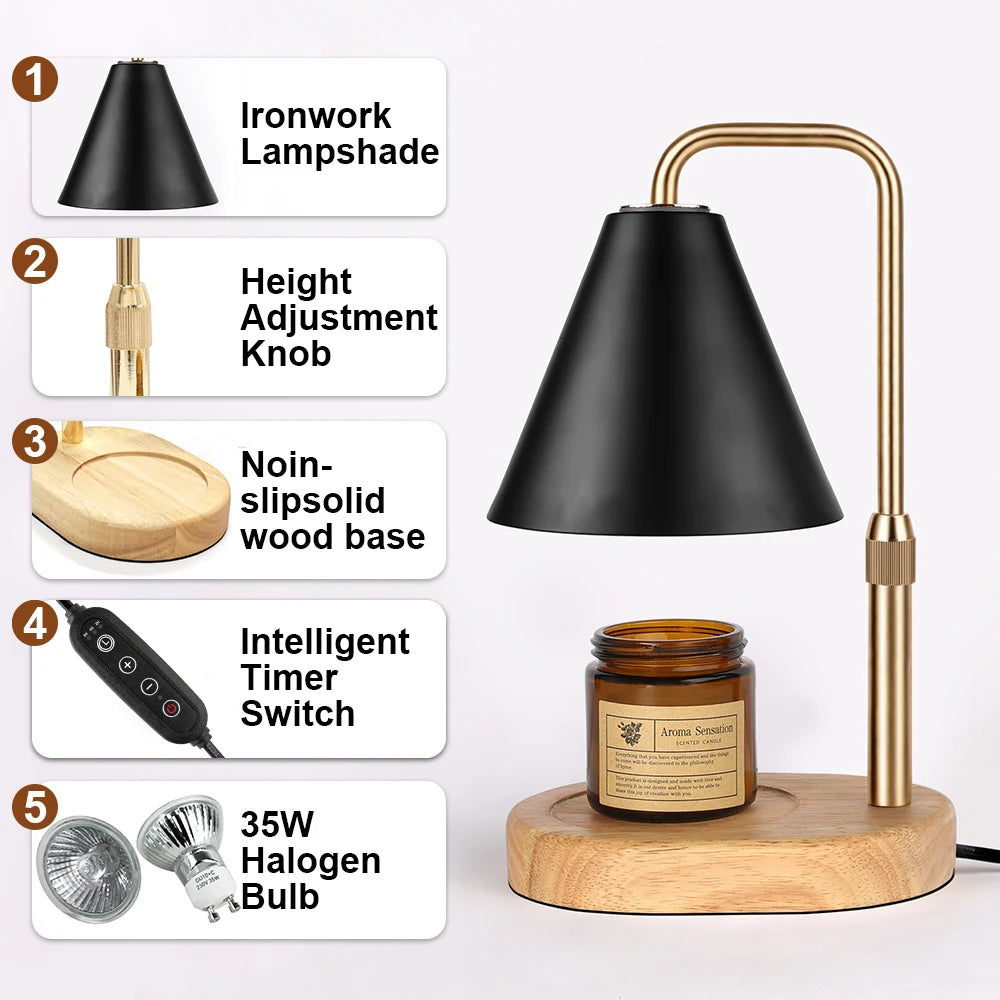 Black Candle Warmer Lamp with Timer, Dimmable & Adjustable - Style B