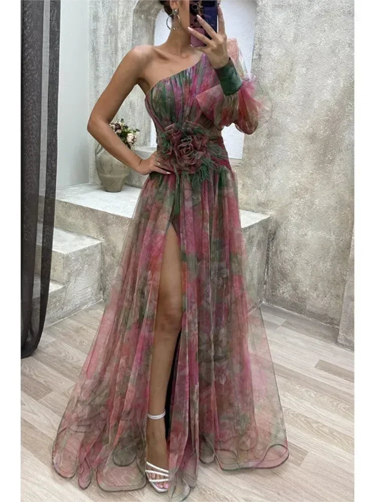 Elegant Oblique Shoulder Single-sleeve  Zipper High Slit Mesh Long Dress For Women Fashion Flower Decoration Party Dress Female