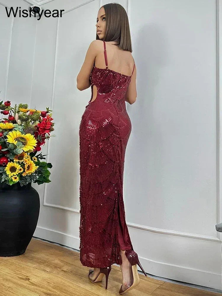 New Sequin Hollow Out Spaghetti Strap Backless Mermaid Long Dresses Women Elegant Celebrity Party Evening Wedding Bodycon Gowns