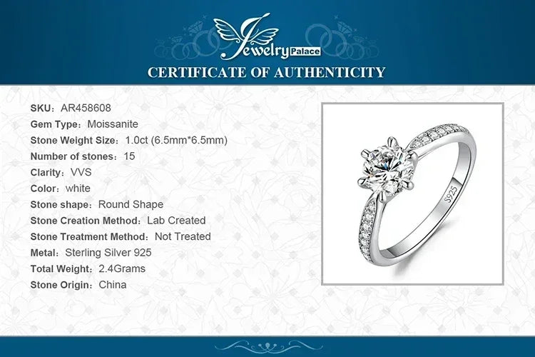 JewelryPalace Moissanite D Color 0.5ct 1ct 1.5ct 2ct 3ct Round S925 Sterling Silver Wedding Engagement Ring for Women