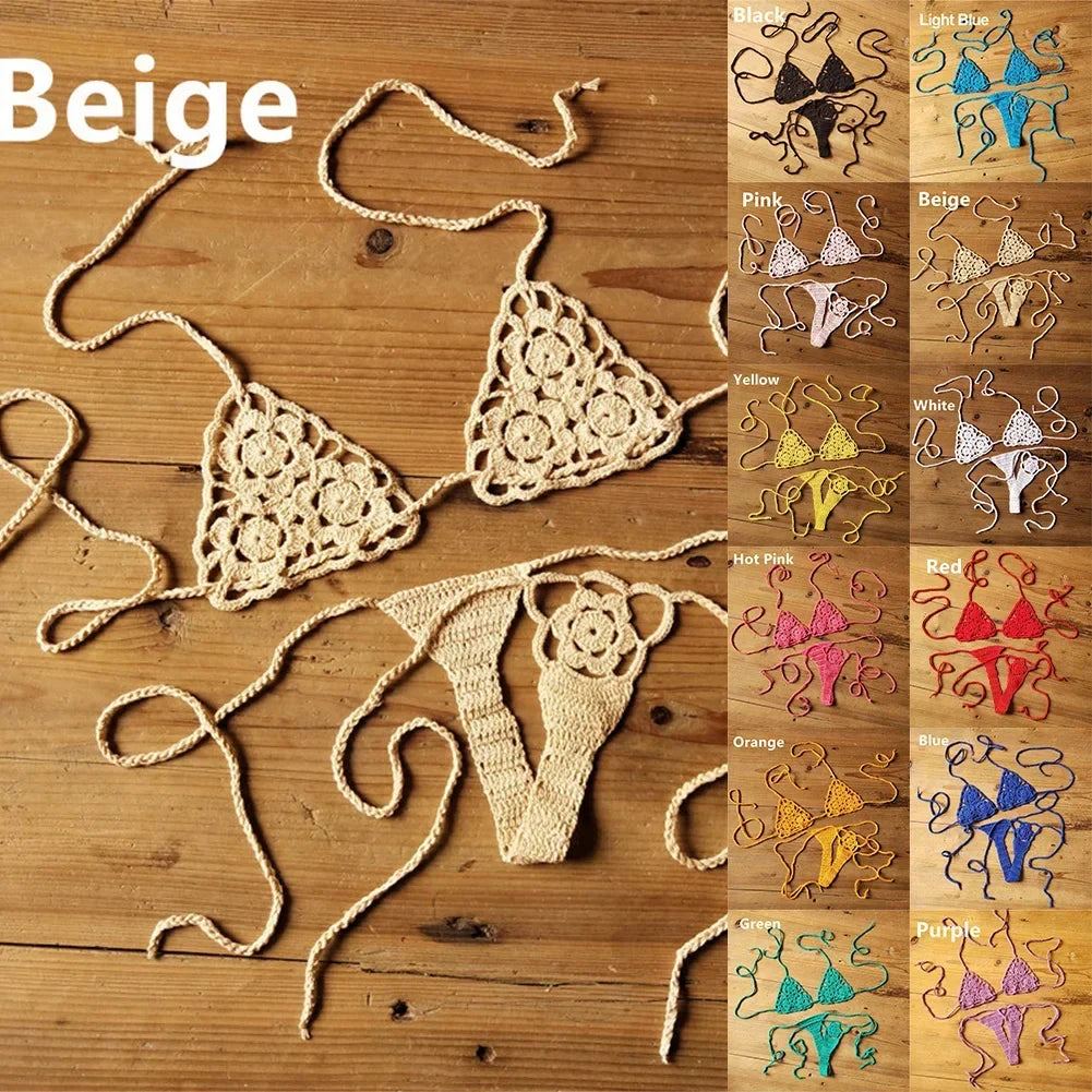 Women Sexy Handmade Bikini Sets Crochet Flower Solid Color Lace Thong String Swimwear Sunbathing Swimsuit Beach Wear Lace-up