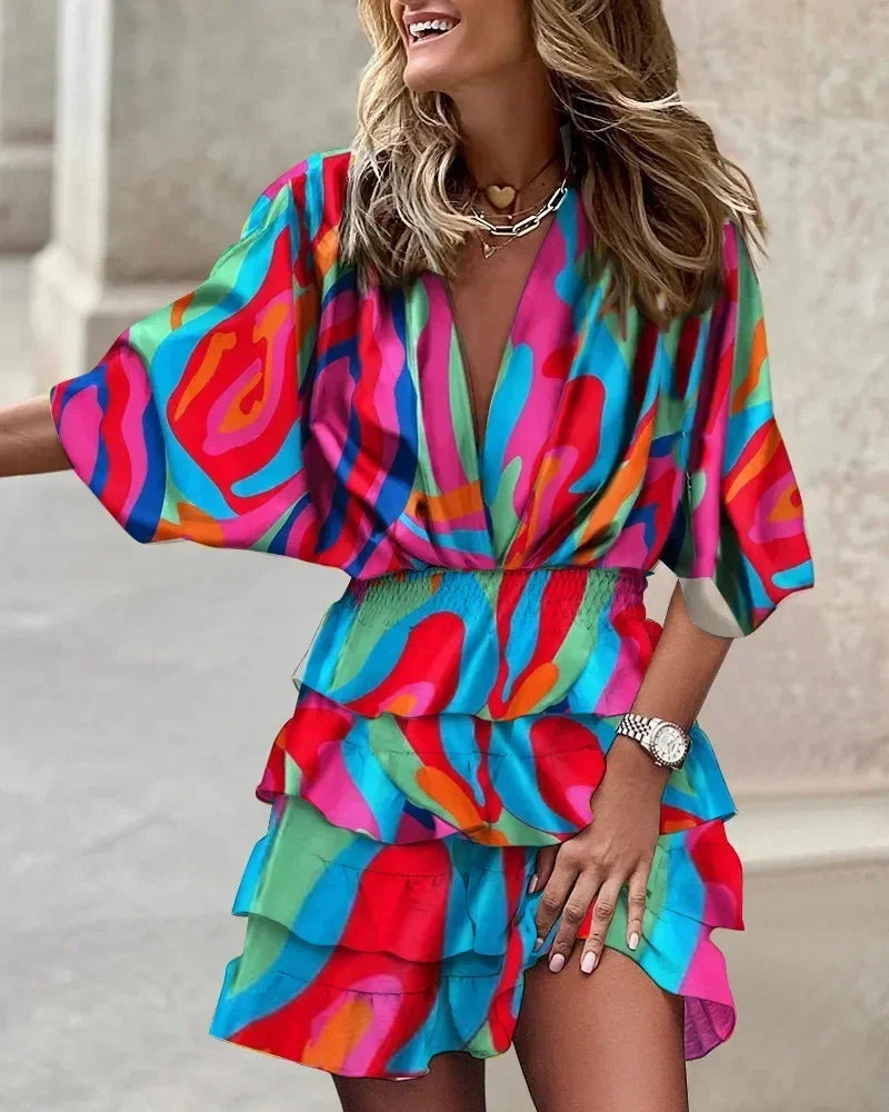 Women Fall V-Neck Loose Batwing Hafl Sleeve Print Dress Fashion Elegant Lace-up Ruffle Beach Mini Dresses Casual Streetwear 2024