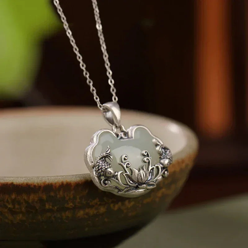 925 silver Natural Hotan Jade fish-shaped Lotus flower necklace Retro Chinese style Ruyi Pendant clavicle chain jewelry