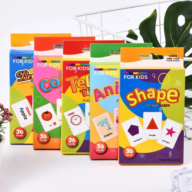 36Pcs Kids Cognition Cards - Shape, Animal, Color Teaching Baby English Learning Word Cards, Educational Montessori Gift