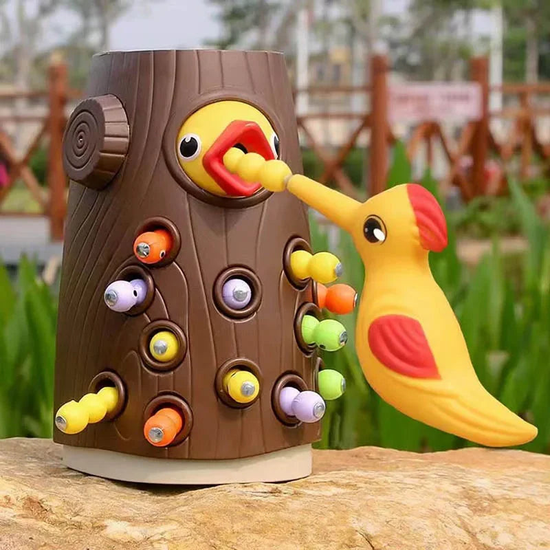 Magnetic Woodpecker Worm Catching Game - Montessori Wooden Feeding Toy for Toddlers & Preschoolers