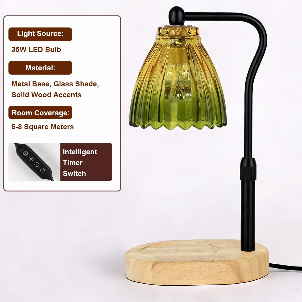 Retro Wooden Base Candle Warmer Lamp with Glass Shade & Timer