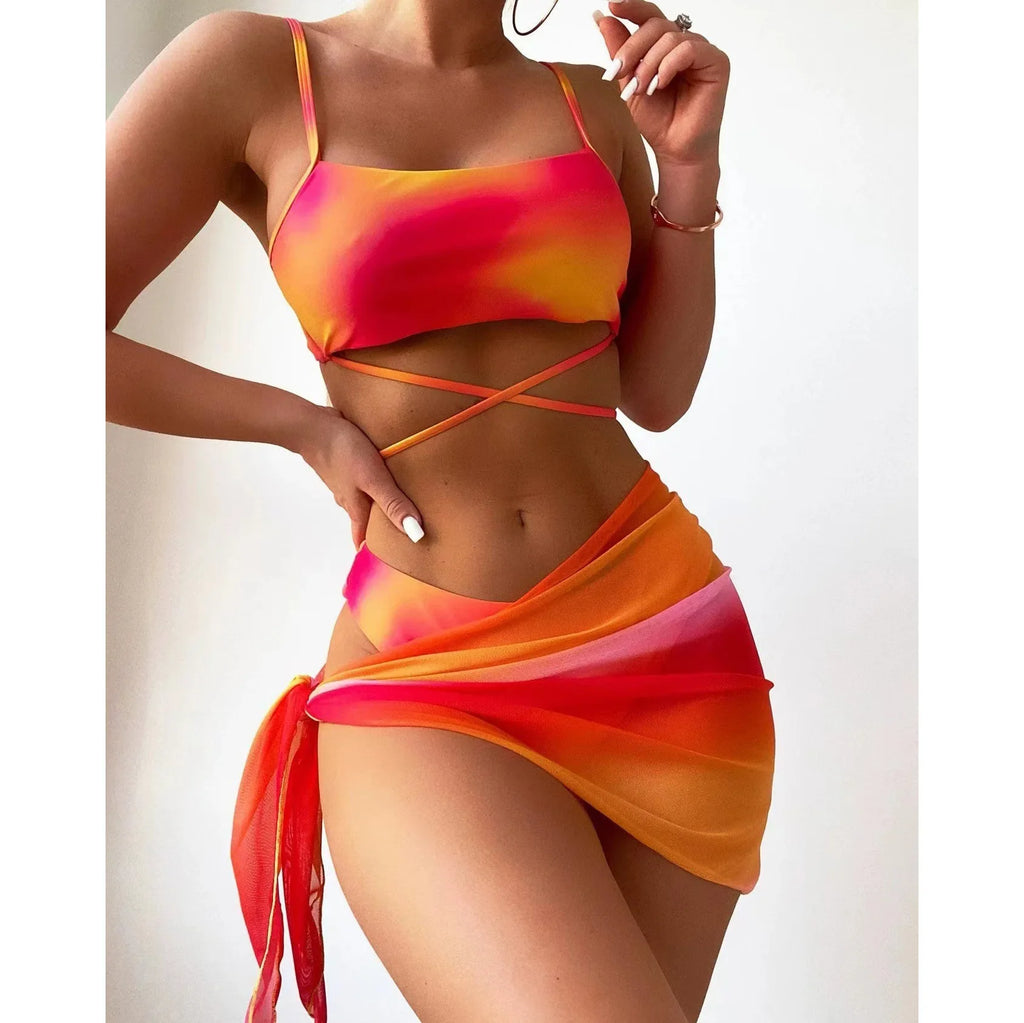 Tie Dye Bikini Swimsuit Women's Three Piece Set Mesh Skirt Split Body Suspender Fashionable Swimsuit Padded Bikini Set Swimwear