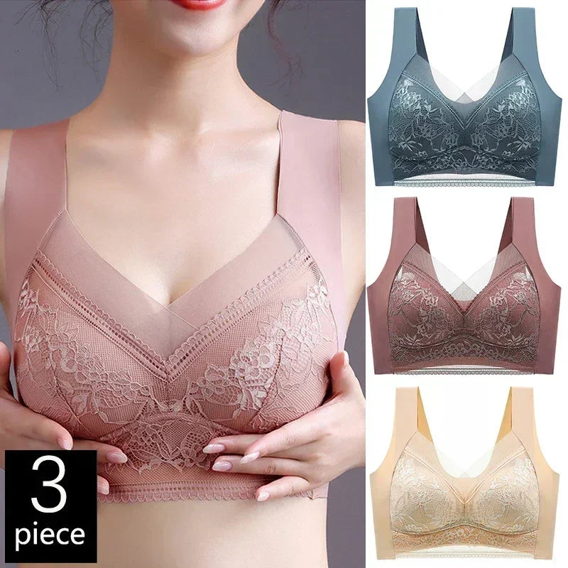 FallSweet 3PCS Lace Push Up Bras for Women Sexy Wireless Bra Ice Silk Deep V Bralette Tops Female Lingerie Mom's Underwear L-5XL