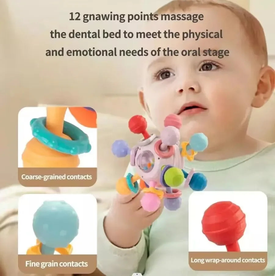 Montessori Baby Sensory Rattle and Silicone Teether Grasping Development Toy for 0-12 Months