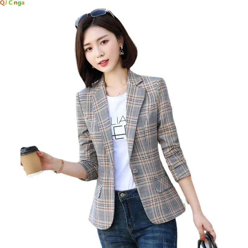 Gray Striped Plaid Blazer Jacket Women's Fashion Slim Coats V-Neck Single Button Ladies Blazers S-XXXXXL