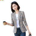 Gray Striped Plaid Blazer Jacket Women's Fashion Slim Coats V-Neck Single Button Ladies Blazers S-XXXXXL