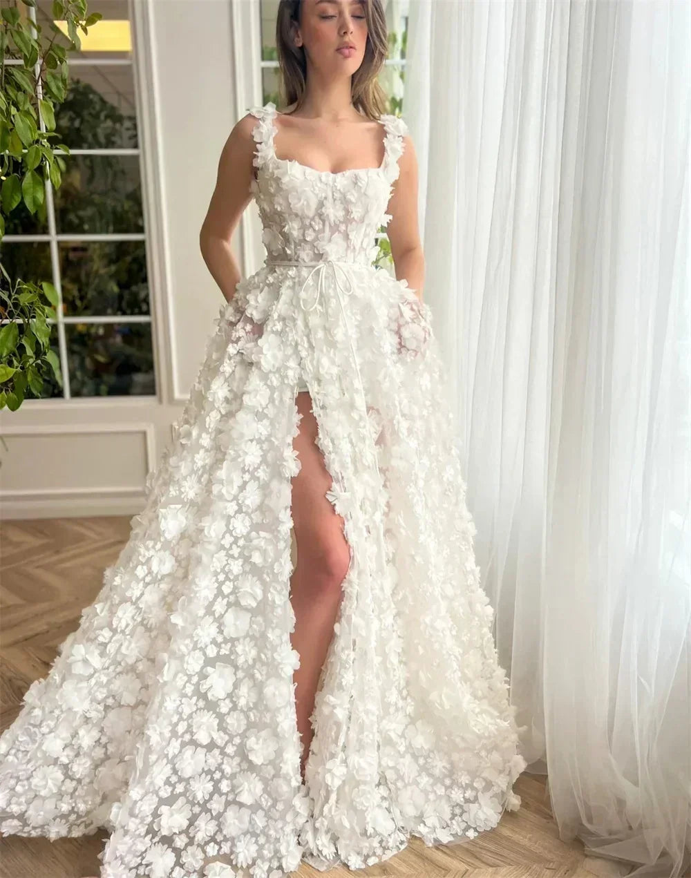 Kyoto Beige Wedding Dress | 3D Flower Lace-Up Back Gown -femstylo