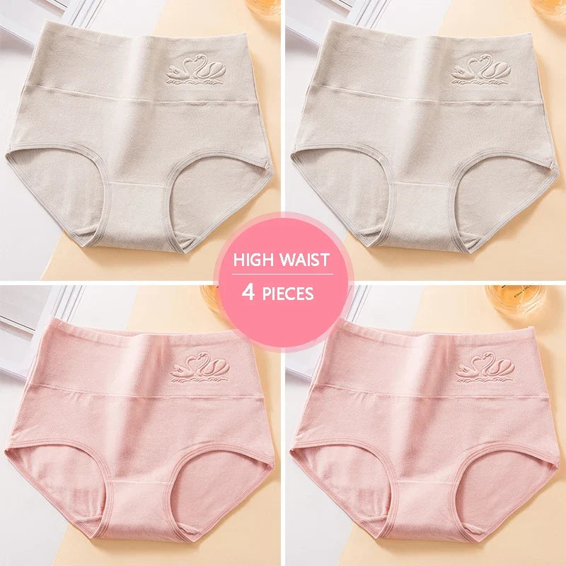 Plus Size M-5XL 4Pcs/Set High Waist Cotton Panties Women Body Shaper Underwear Soft Print Girls Briefs Slimming Female Lingerie