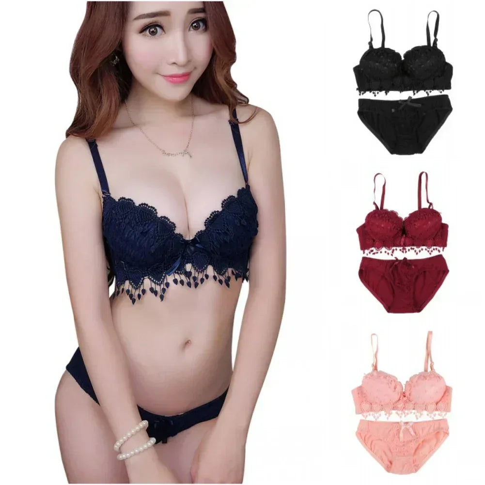 Women Lace Bra Sets Flower Printed Underwear Suit Sexy Lady Ultra-Thin Lingerie Comfortable Push Up Brassiere Outfit