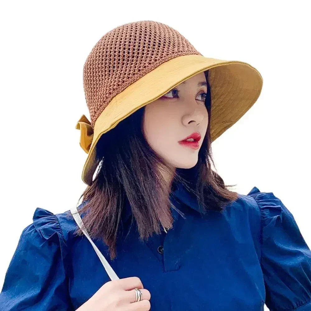 Summer Women Bucket Hat UV Protection Sun Hats Soft Foldable Wide Brim Outdoor Beach Hat Panama Cap Ponytail Cap