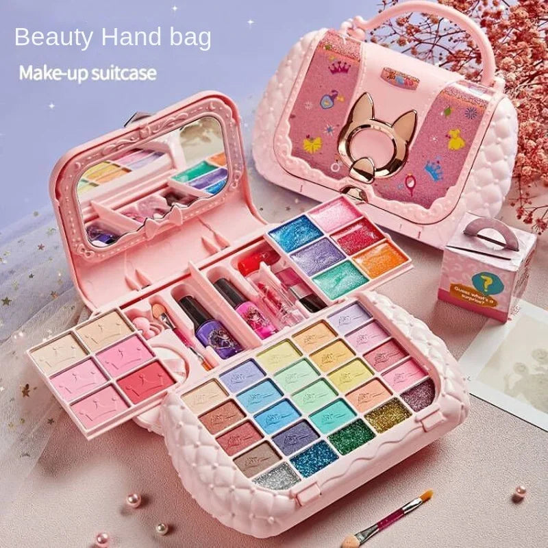 Kids Makeup Kit Pretend Play Cosmetic Set with Cat-Ear Bag Mirror Washable Non-Toxic Toy Birthday Gift for Girls