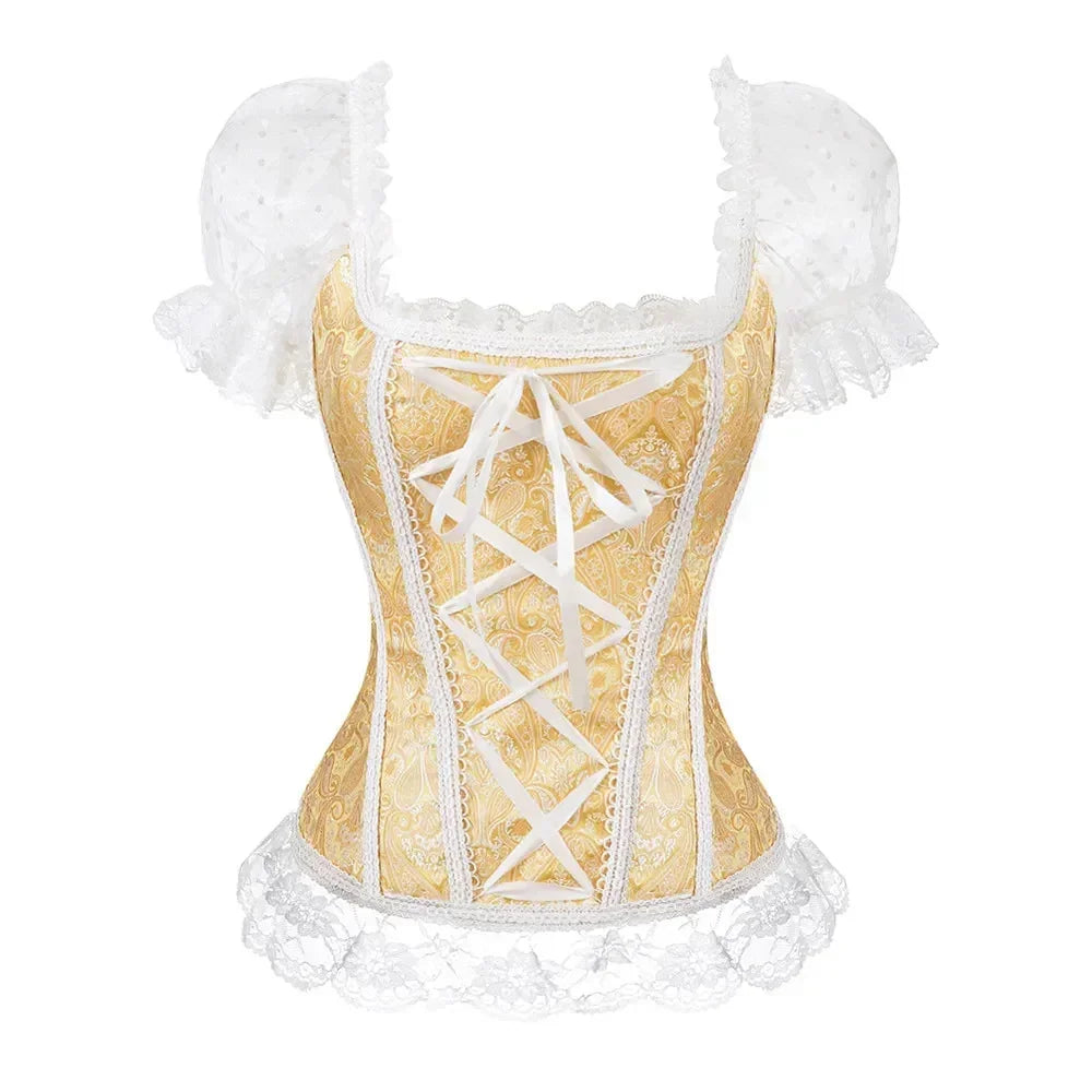 Fashion Princess Style Women Lingerie Bodyshaper Bridal Corset Bustier Tops For Women Short-Sleeve Lace Up Corselet Plus Size