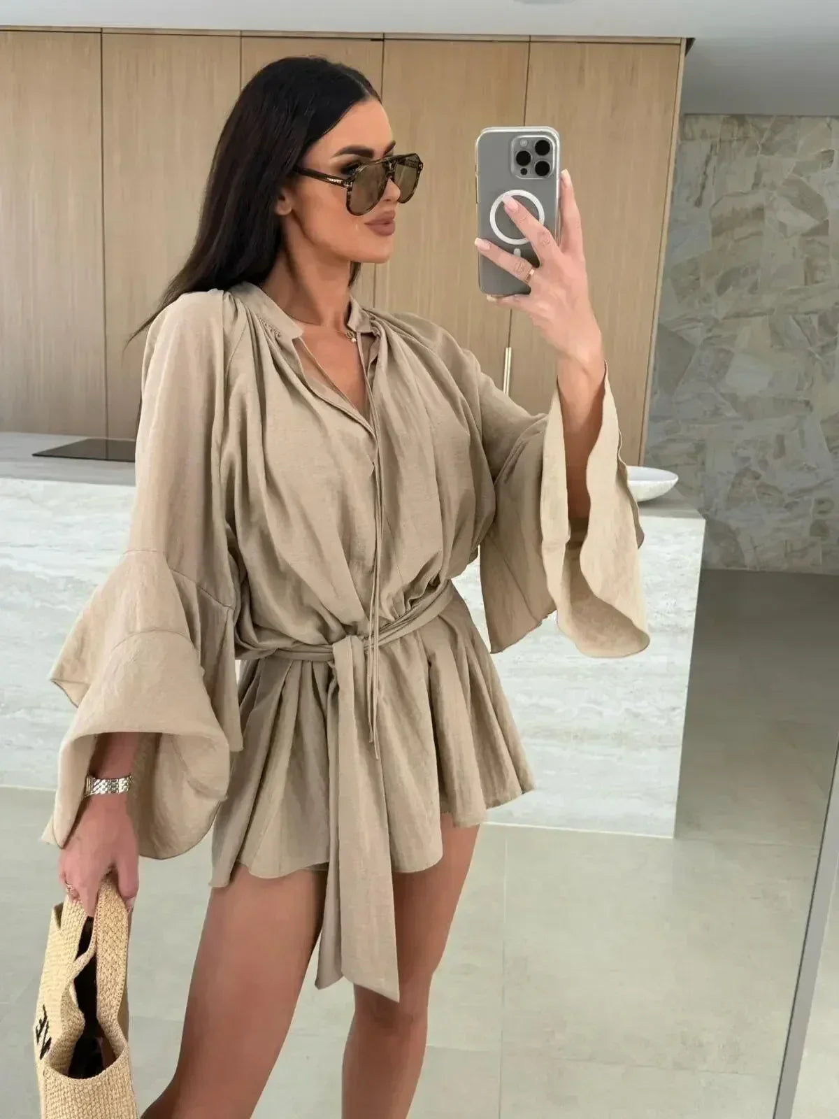Elegant Fold Dress Women Brown Deep V-neck Long Sleeve Mini Dresses Female 2025 Spring Summer Fashion Loose Lady Vestidos