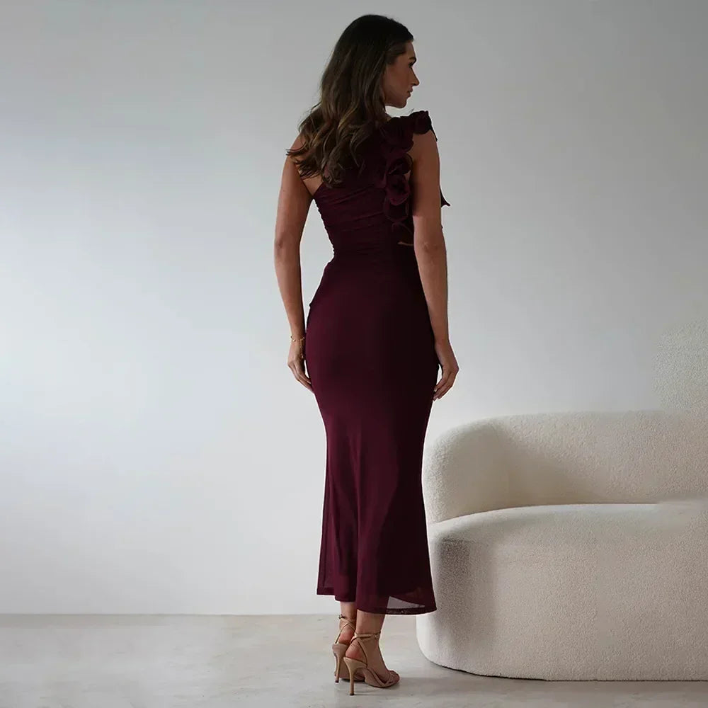 Articat Elegant Sleeveless Slant Shoulder Flower Dress Women Spring/Summer 2025 Sexy Mesh Wrap Hip Dress Party Evening Dress
