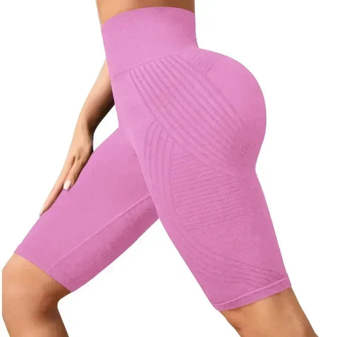 Women‘s Seamless Yoga Shorts High Waisted Striped Slim Shorts Sexy Butt Lifting Gym Trainning High Elastic Five Point Pants