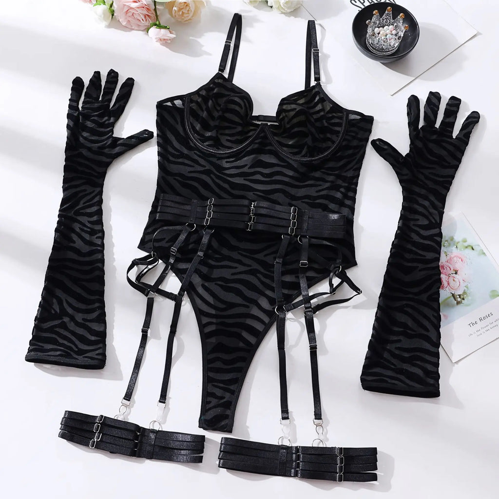Bodysuit Sexy One-piece With Gloves Garters Mesh Women Rompers Clothing Body Suits Lace Jumpsuit Sweet Korean Women EV5W