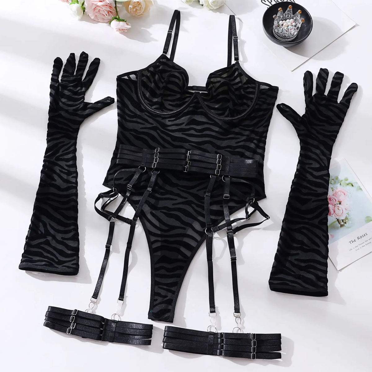 Bodysuit Sexy One-piece With Gloves Garters Mesh Women Rompers Clothing Body Suits Lace Jumpsuit Sweet Korean Women EV5W
