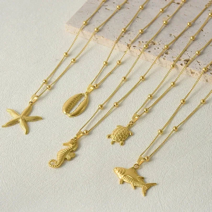 1Pc Temperament Fashion Summer Beach Blue Marine Life Sea Horse Shell Turtle Mini Fish Bead Necklace Classic Clavicle Chain