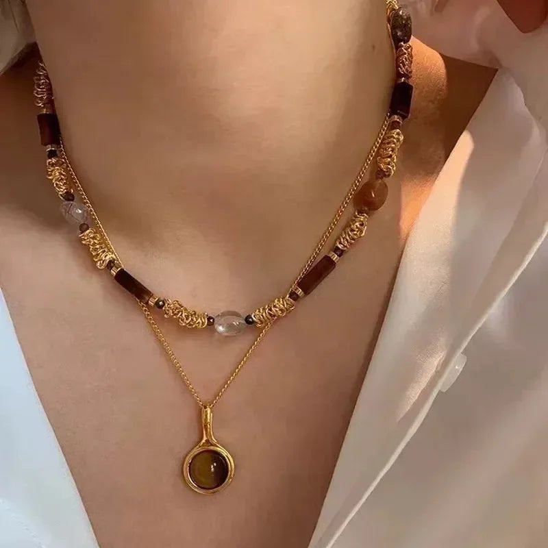Autumn and Winter New Natural Stone Metal Splicing Bead Necklace for Women Double-layer Layered Collarbone Chain