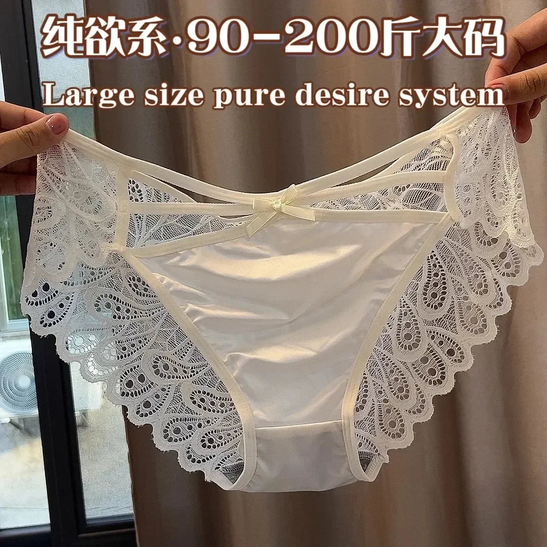 Plus Size Silk Shorts Sexy Lady Lace Hollow Breathable Satin Panties Women