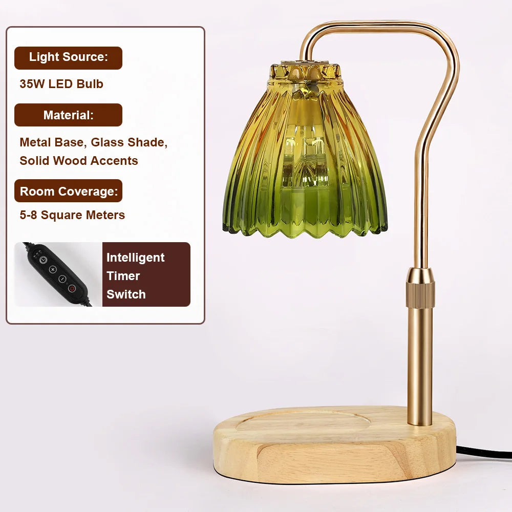 Retro Wooden Base Candle Warmer Lamp with Glass Shade & Timer