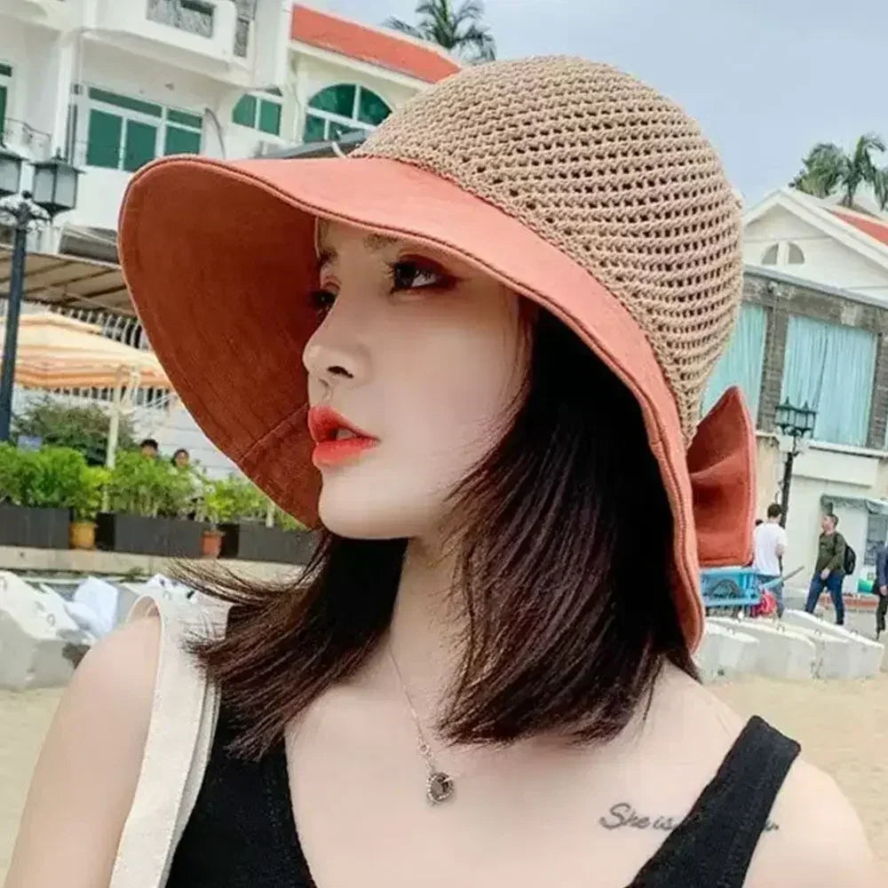 Summer Women Bucket Hat UV Protection Sun Hats Soft Foldable Wide Brim Outdoor Beach Hat Panama Cap Ponytail Cap