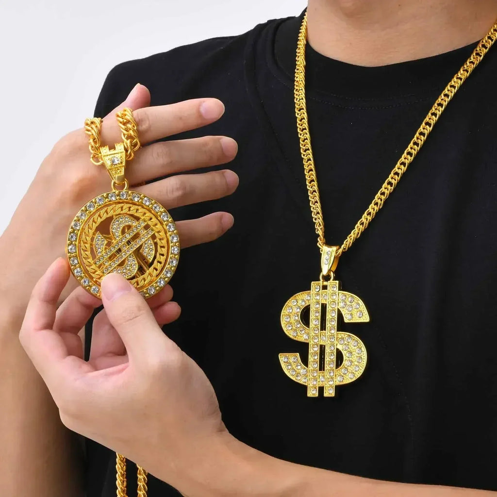 Men Gold Color Dollar Sign Necklaces with Cuban Chain,Hip Hop Money Dollar Pendant Collar, Music Festival Party Gifts Jewelry