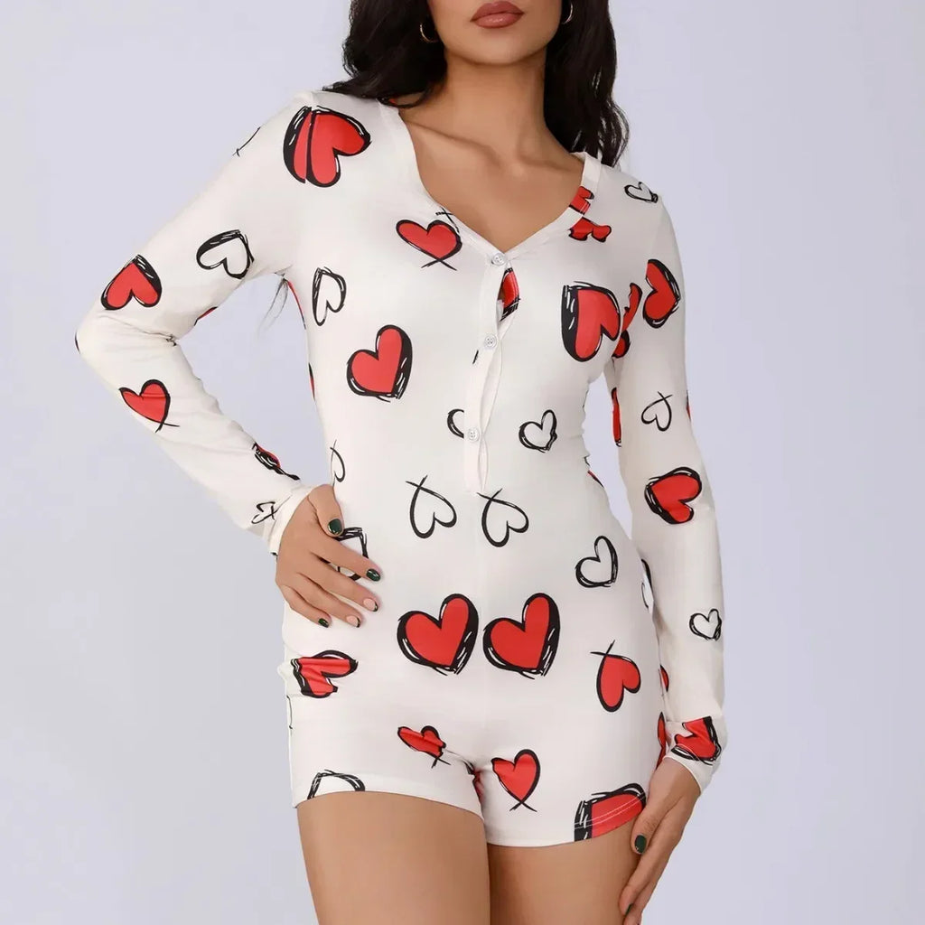 Ladies one-piece bodysuit sexy hot girl pajamas heart digital print short-sleeved set shorts home wear