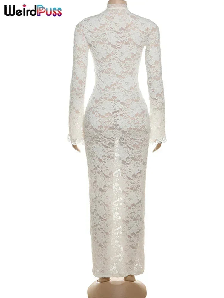 Weird Puss Embroidery Ruffles Dress Women Sexy Deep V-Neck Slits See Through Solid Tassel Petal Cuffs Street Elegance Vestidos