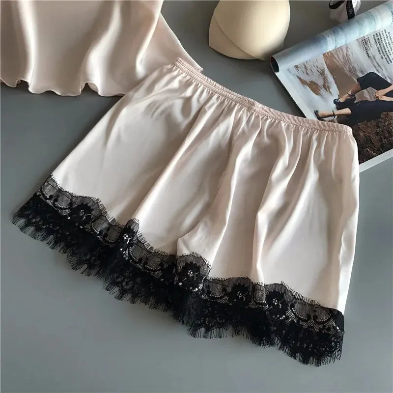 Women Pajama Suit Fashion V-Neck Lace Sexy Lingerie Pyjamas Sleep Shorts Set Sleepwear New
