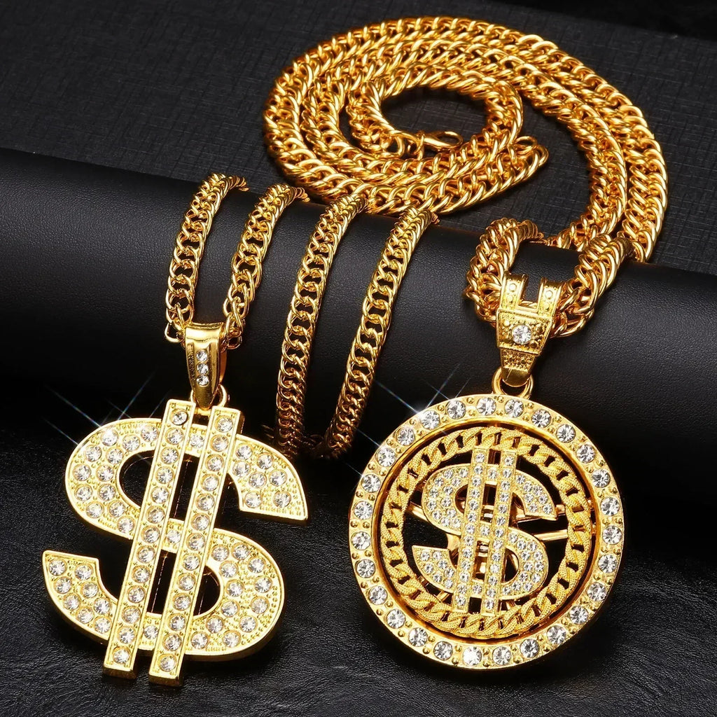 Men Gold Color Dollar Sign Necklaces with Cuban Chain,Hip Hop Money Dollar Pendant Collar, Music Festival Party Gifts Jewelry